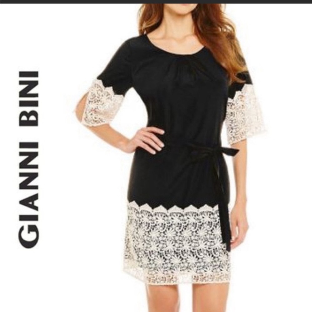 GIANNI BINI Dress Sz S 3/4 Slit Sleeves Hem Lace Black Cream Lined Tie Party